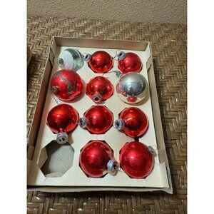 Vintage 1950s Glass Christmas Ornaments Red & Silver Set Of 11